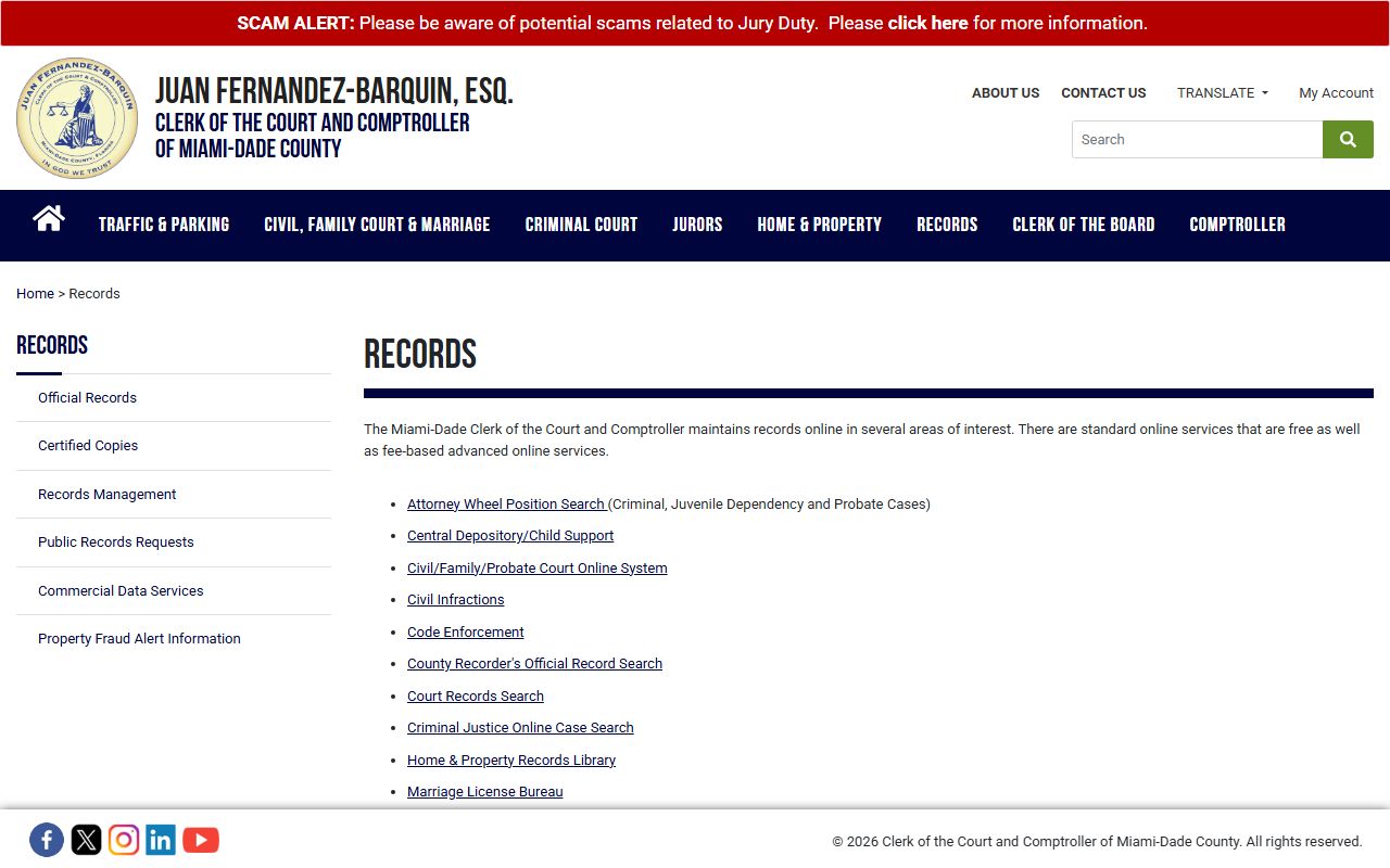 Miami-Dade County Court records Clerk page