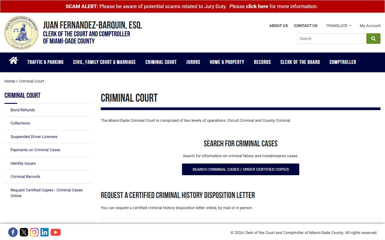 Miami-Dade Clerk criminal court records page for certified copies