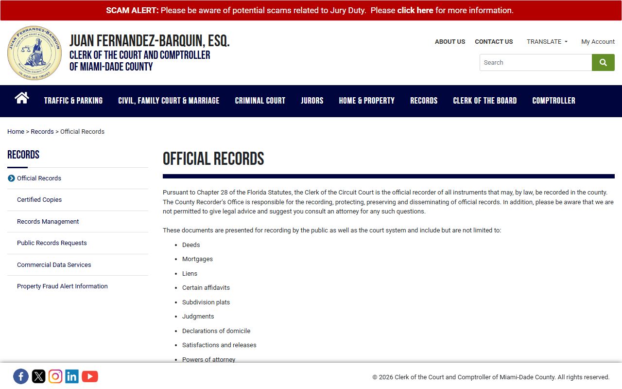 Miami-Dade Clerk Official Records page for recorded documents