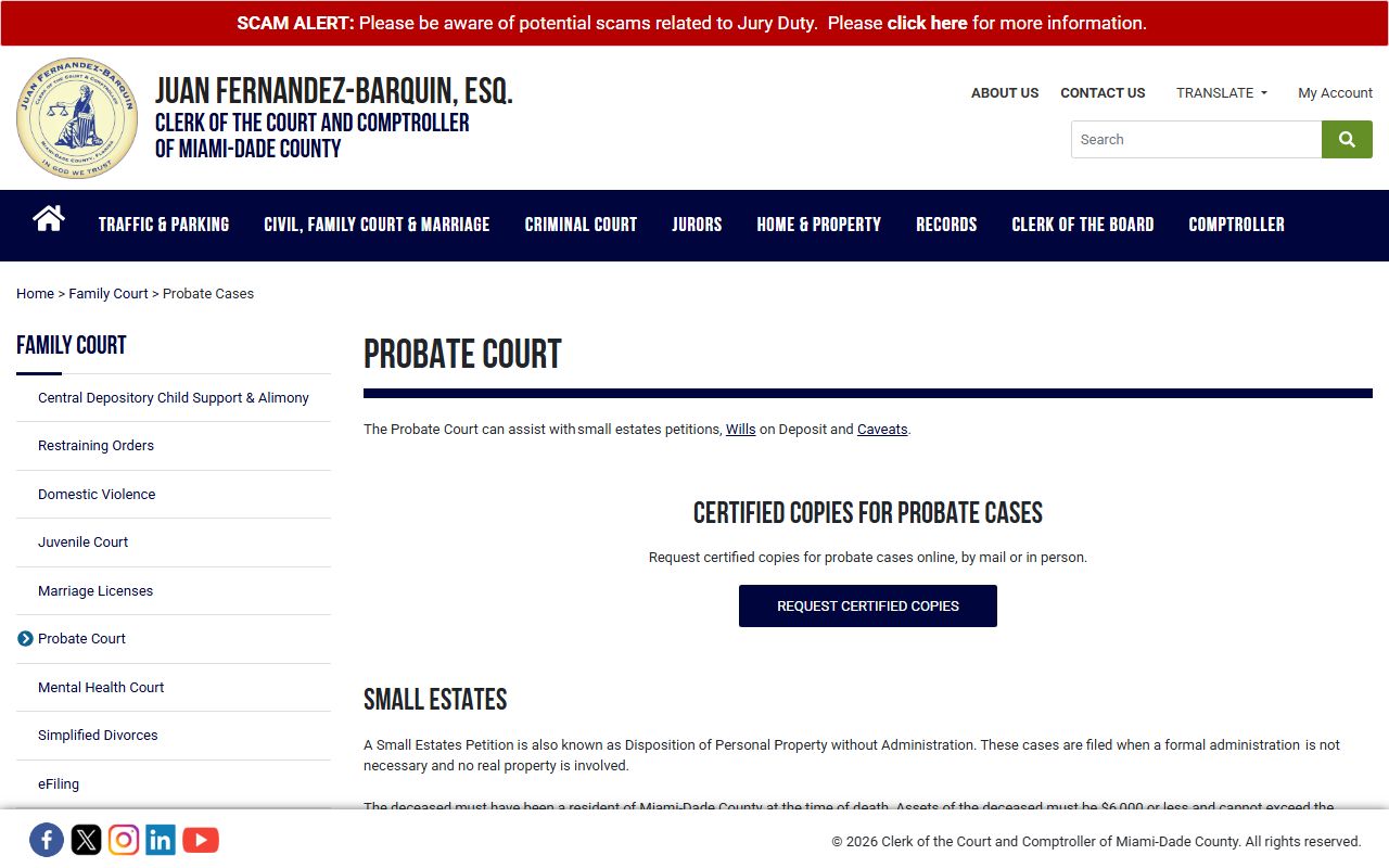 Miami-Dade Clerk probate court page