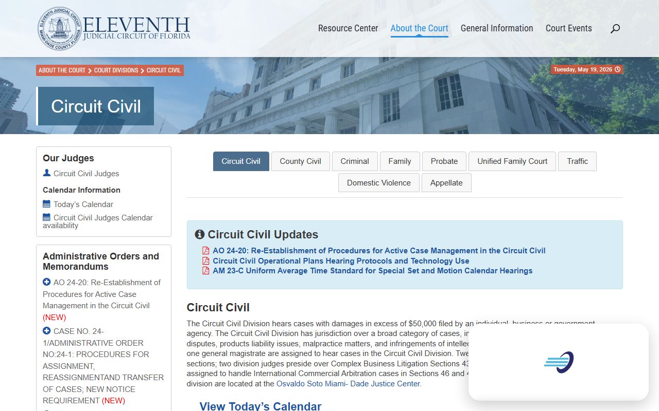 Miami-Dade County Court civil division page showing the $50,000 jurisdictional line