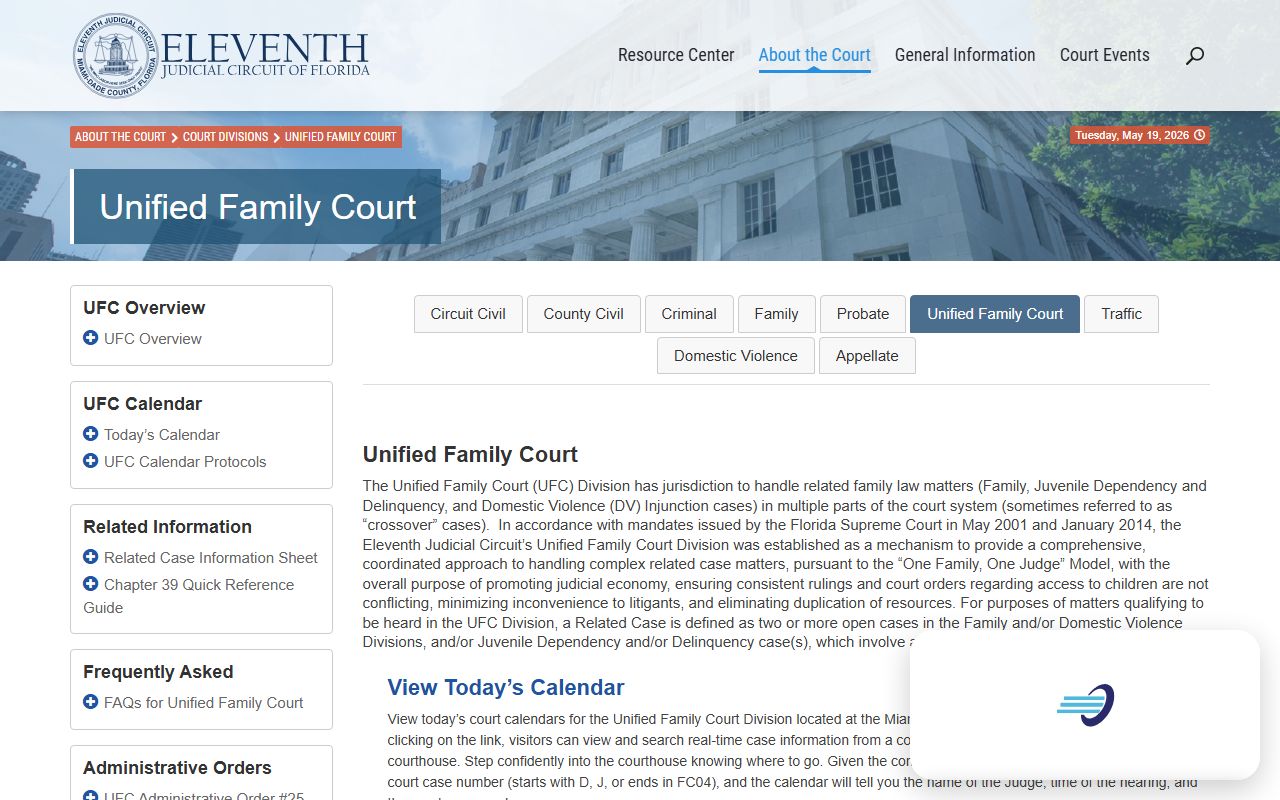 Miami-Dade Circuit Court Unified Family Court division page