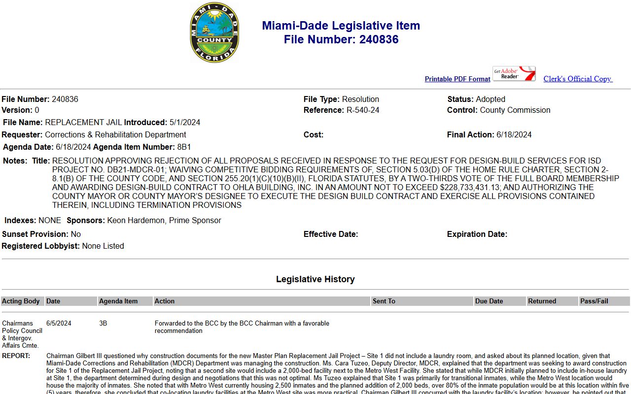 Miami-Dade jail population replacement jail matter