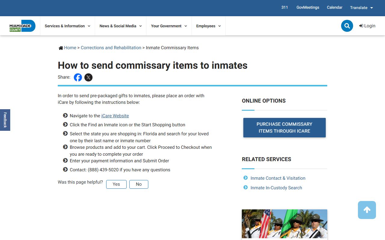 Miami-Dade inmate jail commissary service page