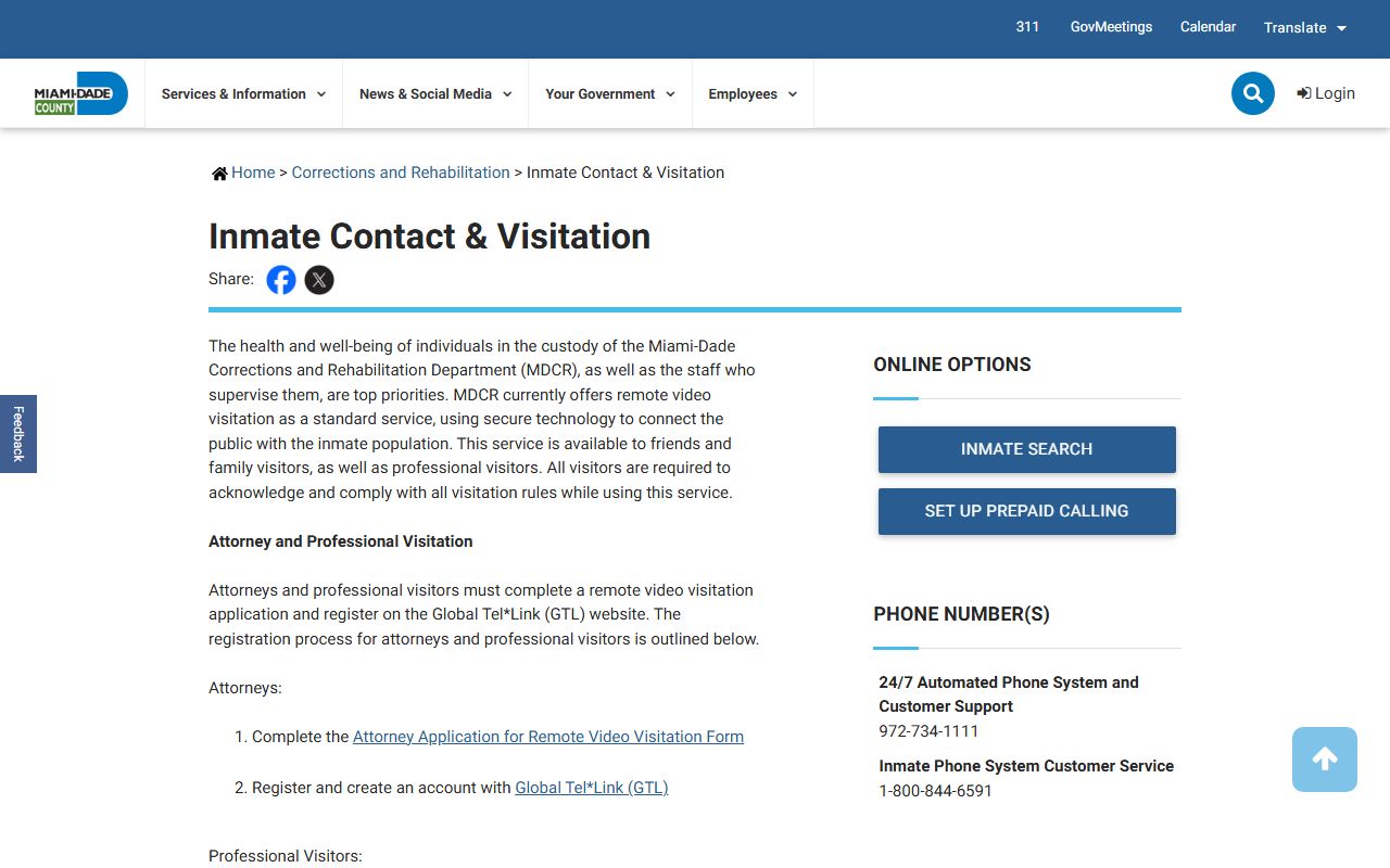 Miami-Dade warrant and inmate custody contact page